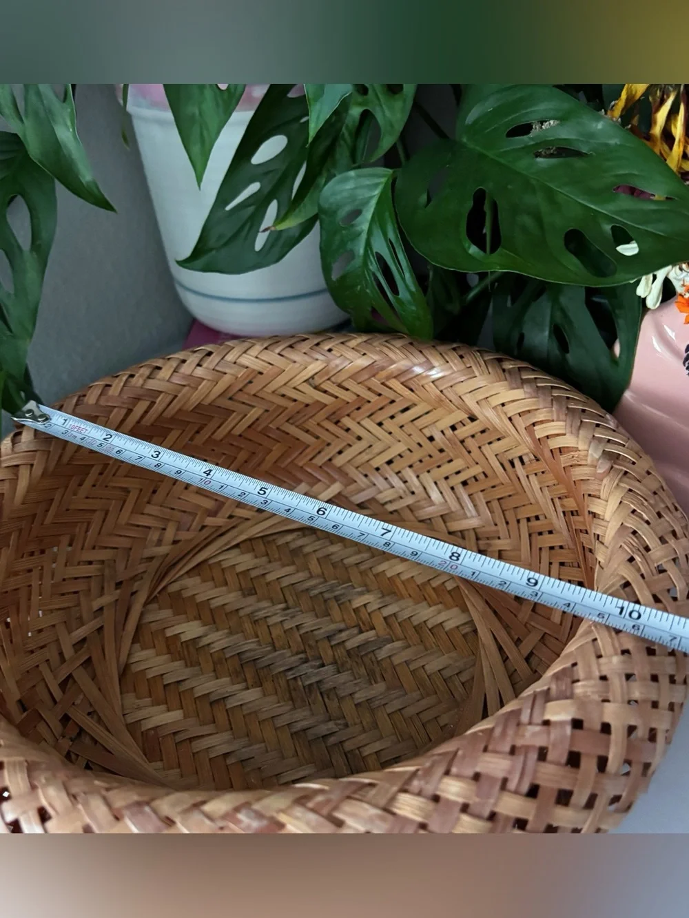 Woven Bamboo Rattan Basket Bowl Natural Boho Cottagecore Home Decor 11”